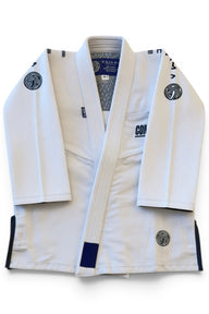ENIGMA Kimonos Kids Comp V1 white BJJ gi with black fingerprint logo accents and reinforced collar