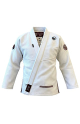 ENIGMA Kimonos kids white Old School BJJ gi with embroidered swallow and circular logo patches on the shoulders