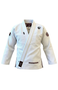 ENIGMA Kimonos kids white Old School BJJ gi with embroidered swallow and circular logo patches on the shoulders