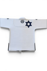 ENIGMA Kimonos Kids Comp V1 white jiu-jitsu gi featuring a navy blue Star of David and logo patch on the back