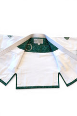 ENIGMA Kimonos white BJJ gi jacket with green botanical interior lining and reinforced weave fabric