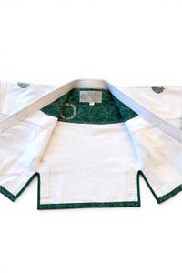 ENIGMA Kimonos white BJJ gi jacket with green botanical interior lining and reinforced weave fabric