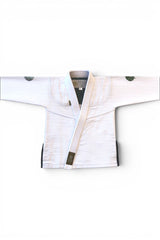 ENIGMA Kimonos white Brazilian Jiu-Jitsu Gi jacket with green botanical embroidery and reinforced weave fabric.