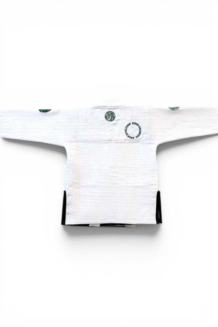 ENIGMA Kimonos white Brazilian Jiu Jitsu Gi jacket with green botanical embroidery and reinforced weave back view