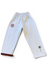 ENIGMA Kimonos white BJJ gi pants with red fingerprint logo and black palm tree embroidery on the leg