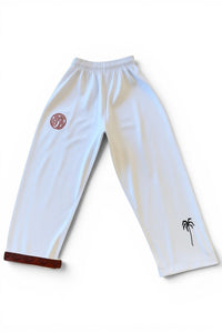 ENIGMA Kimonos white BJJ gi pants with red fingerprint logo and black palm tree embroidery on the leg