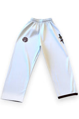 ENIGMA Kimonos white BJJ gi pants with maroon trim, fingerprint logo, and dagger embroidery on a white background.