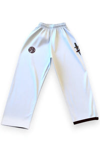 ENIGMA Kimonos white BJJ gi pants with maroon trim, fingerprint logo, and dagger embroidery on a white background.