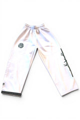 ENIGMA Kimonos white BJJ gi pants with green bamboo embroidery and circular logo detail on a white background.