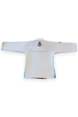 ENIGMA Kimonos white BJJ gi for kids with tropical embroidery and light blue side panels, back view.