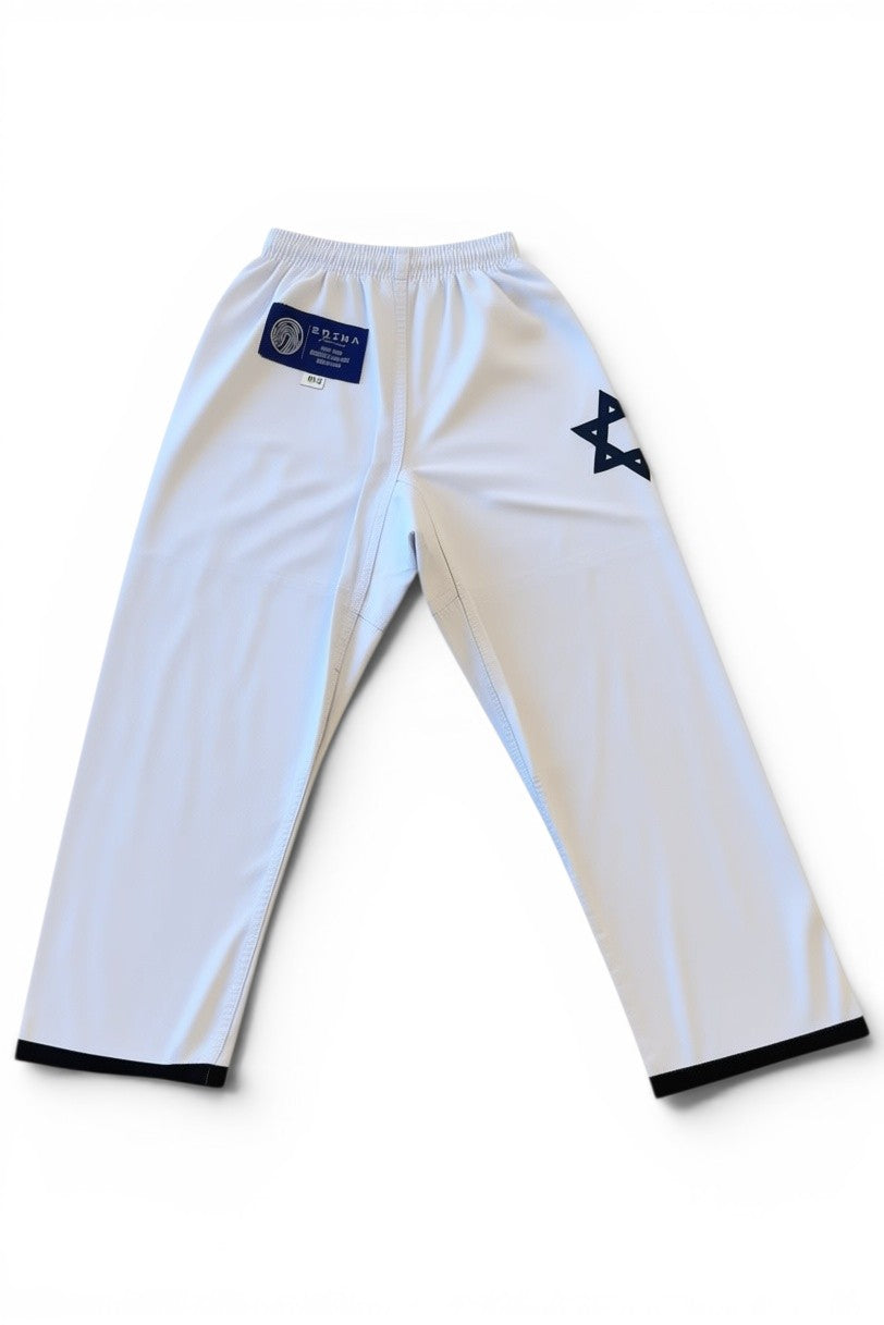 ENIGMA Kimonos white kids competition gi pants with black Star of David detail and elastic waistband